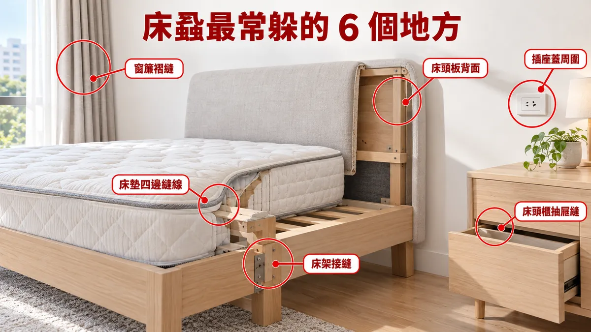 臥室圖解，紅圈標出床墊四邊縫線、床架接縫、床頭板背面、床頭櫃抽屜縫、插座蓋周圍、窗簾褶縫六個位置
