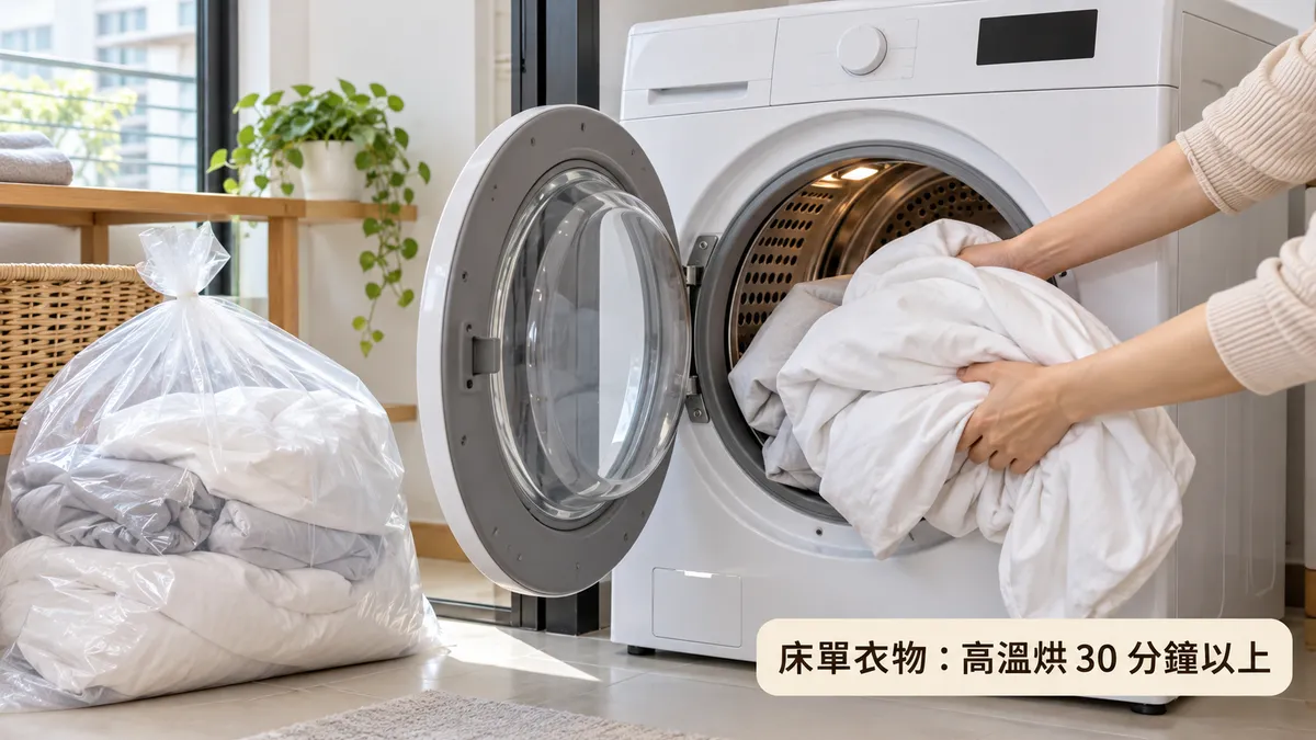 烘衣機開著門，床單正被放進去，旁邊有一袋用透明塑膠袋綁好的衣物