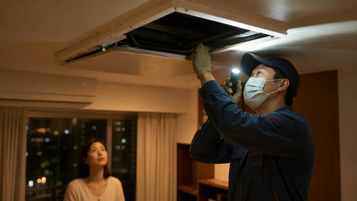 天花板抓爬聲檢查：技師夜間查看維修孔