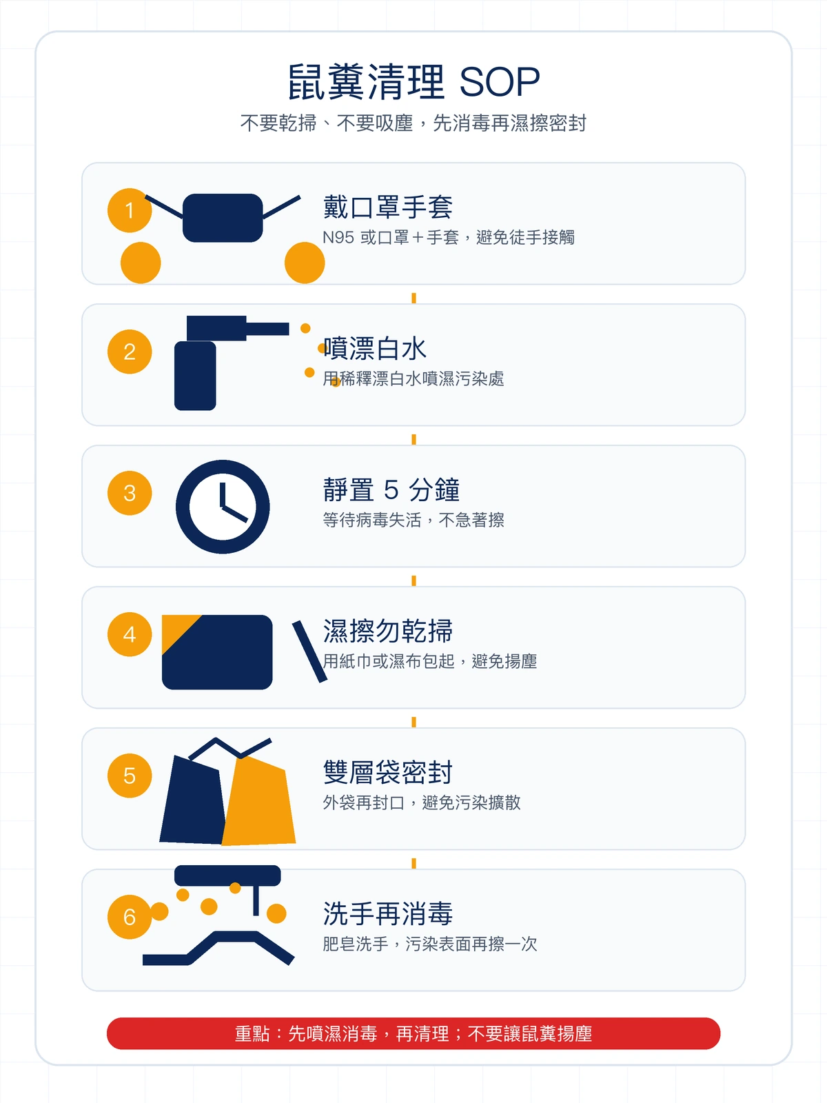 鼠糞清理 SOP 圖解：戴口罩手套、噴消毒液、等待、濕擦、雙層密封、洗手