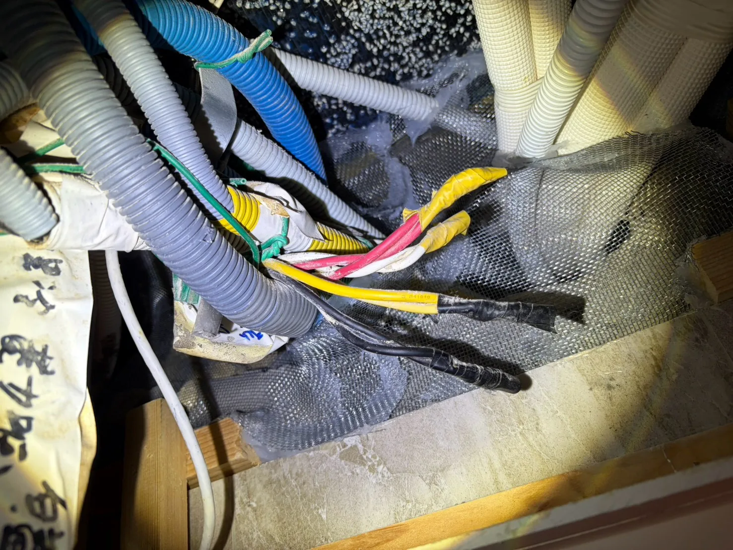 弱電線束與電線管穿孔以不鏽鋼網和水泥封堵