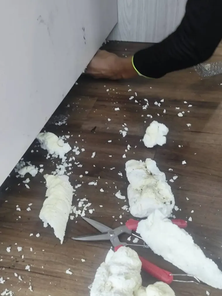 入口縫隙拆下的發泡劑碎塊散落地面