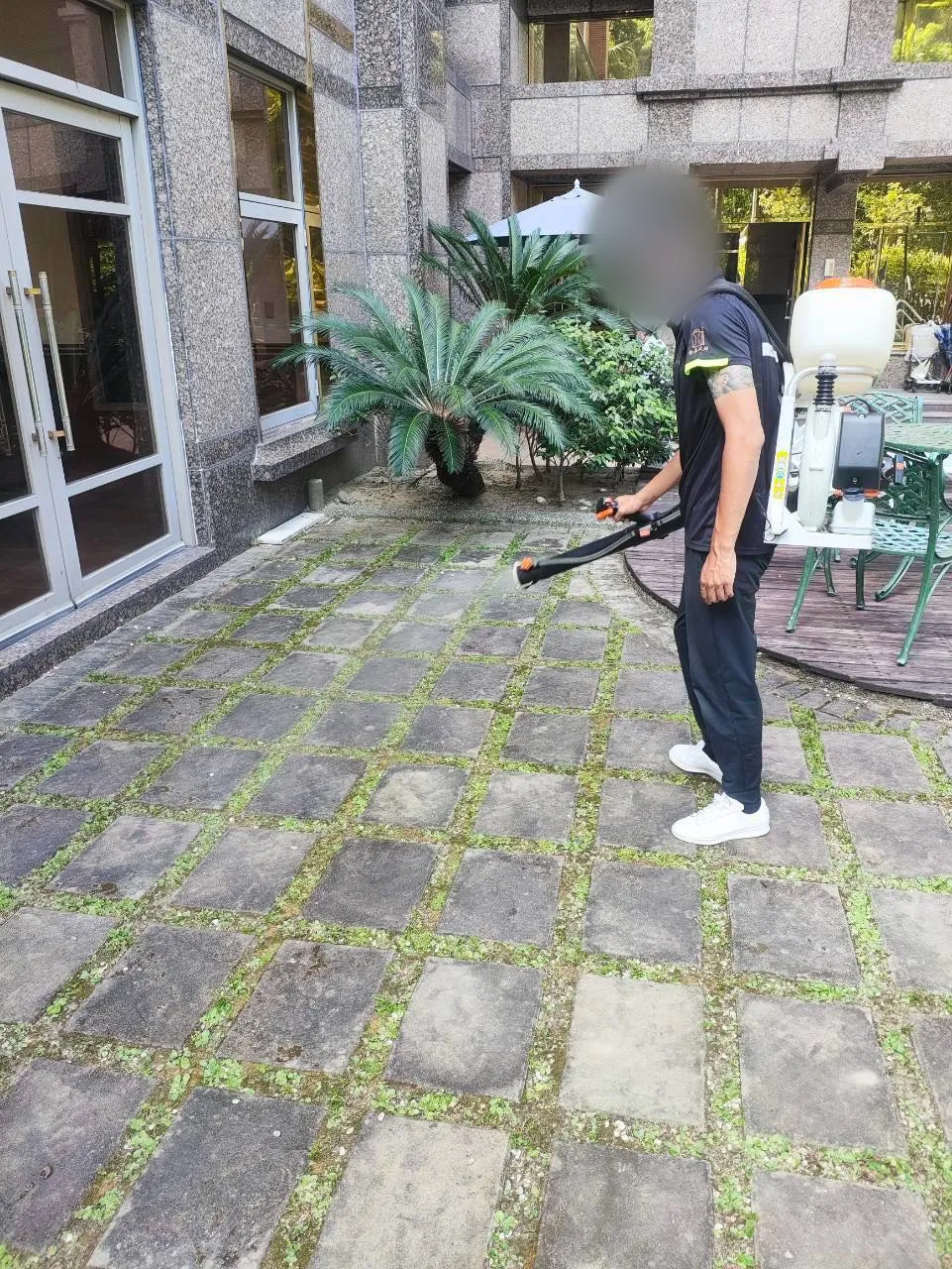 技師處理石材鋪面與接縫，防治跳蚤（臉部已模糊）