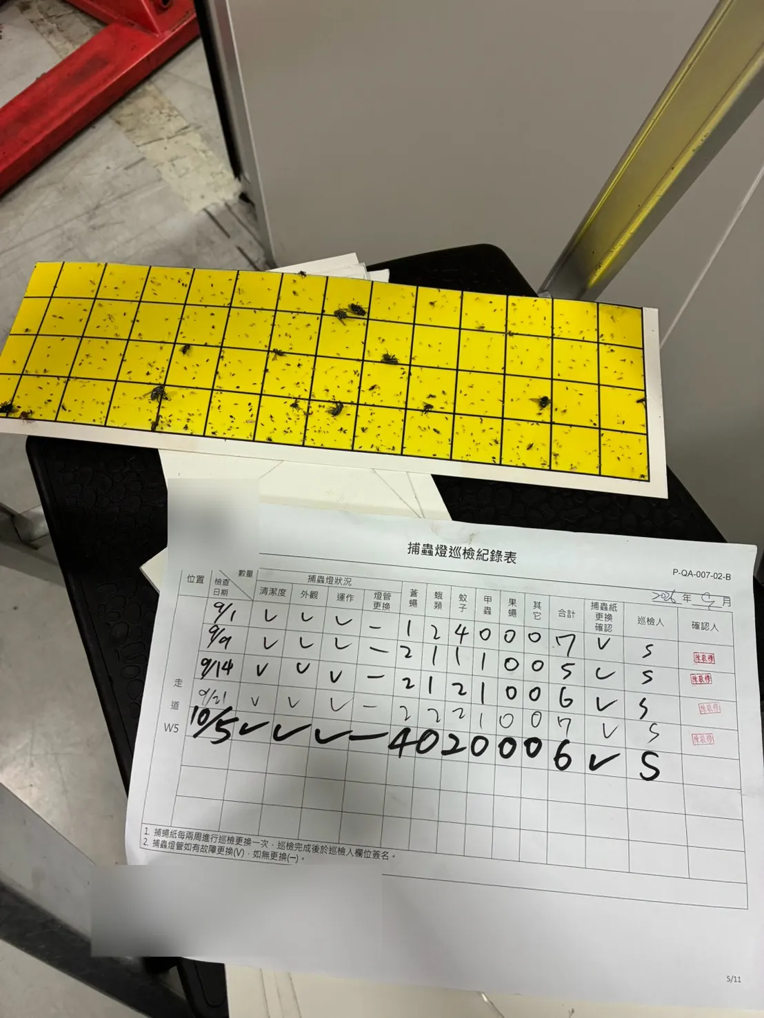 W5 捕蟲燈巡檢紀錄表與黏蟲紙