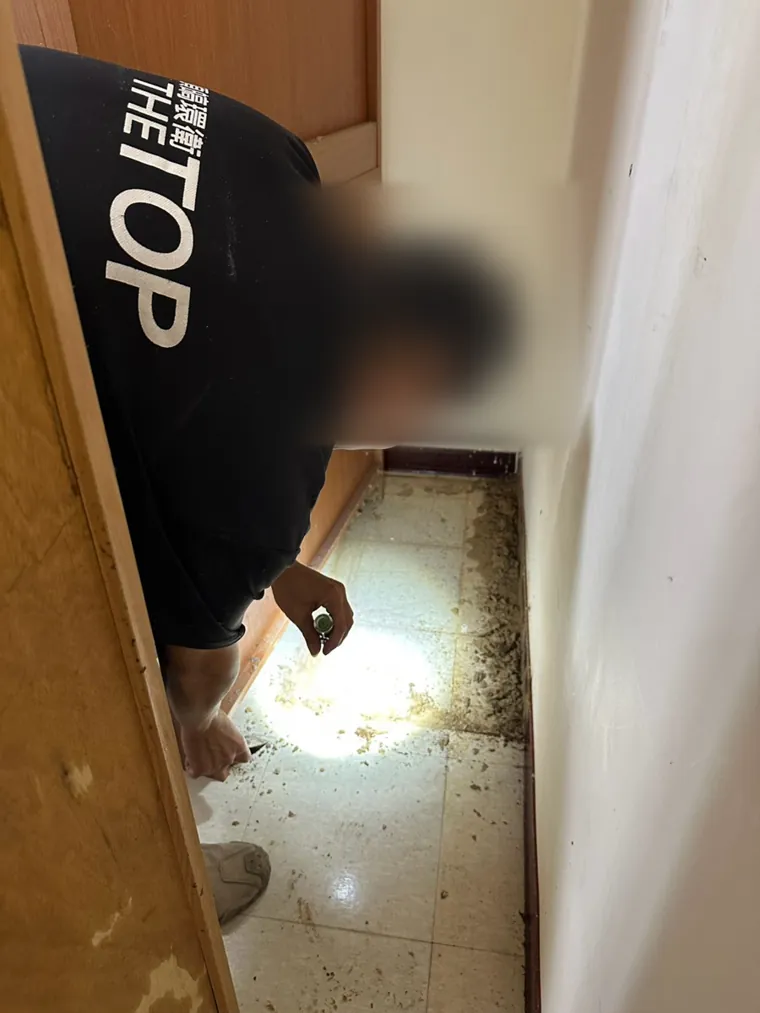 櫃子與牆之間的夾縫地面有白蟻泥土碎屑（臉部已模糊）