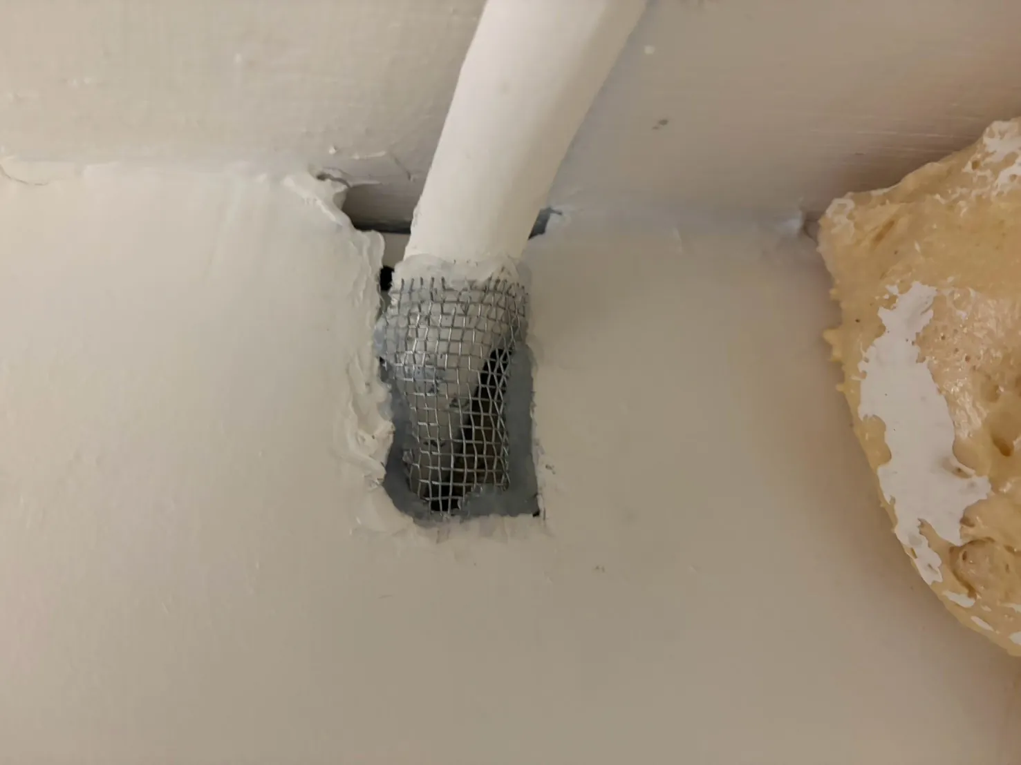 管線穿牆旁不規則破口以防鼠網蓋住