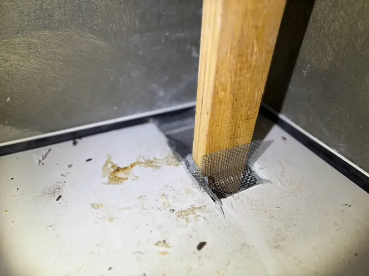 木作角材穿孔四周以防鼠網貼緊封堵