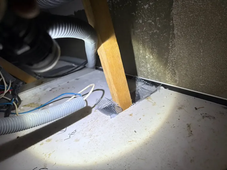 木作角材與電線管旁穿孔以防鼠網封堵