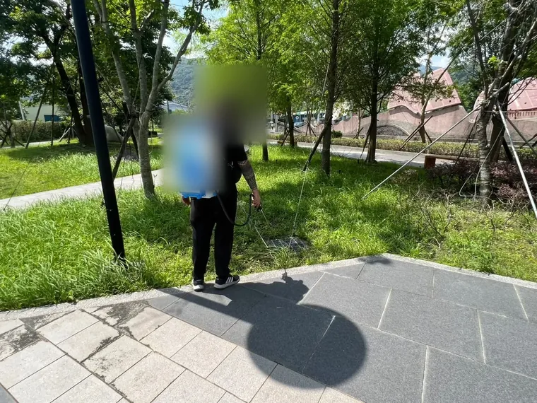 社區草地與步道鋪面交接處噴灑