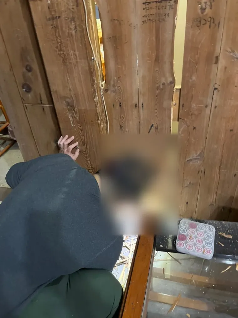 技師撥開老屋木板牆接縫檢查白蟻