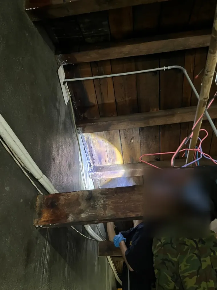 從閣樓口往上看老屋屋頂木板與橫樑