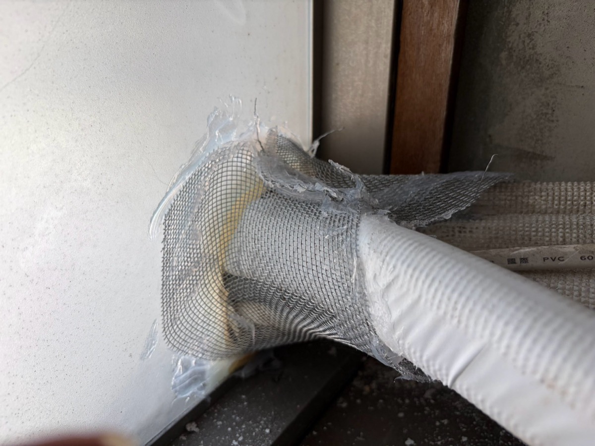 防鼠封堵細節特寫:牆面管線出口以金屬網包覆並以填縫劑固定